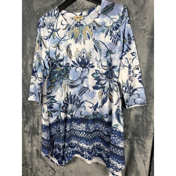 OneWorld Blouse Womens Floral Tunic Top M Blue/White 3/4 Sleeve Boho Print Shirt - Picture 3 of 6